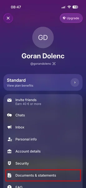 Revolut izvoz – korak 2: Documents & statements