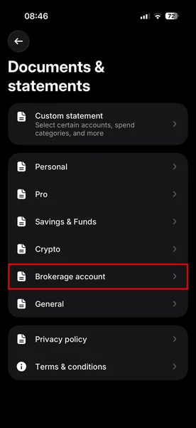 Revolut izvoz – korak 3: Brokerage account