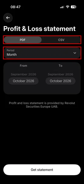 Revolut izvoz – korak 5: PDF ali CSV in obdobje